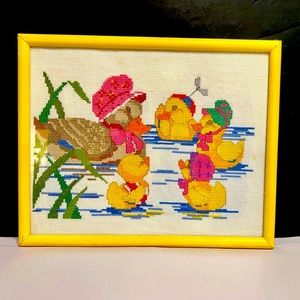 Vtg baby ducks needlepoint in yellow frame, with momma duck